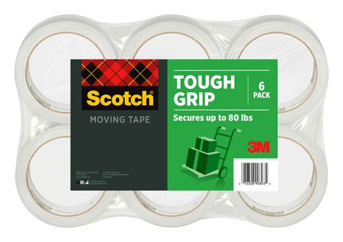 Scotch Tough Grip Moving & Packing Tape, Heavy Duty Clear Tape for Shipping Boxes, 1.88 in x 54.6 yd, 3 in Core, 6 Rolls