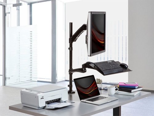 Monoprice Articulating Gas Spring Sit Stand Monitor and Keyboard Workstation Mount - for Displays 13in to 26in, VESA 75x75 to 100x100, Easy to Use, Compatible with Most Desks, Black