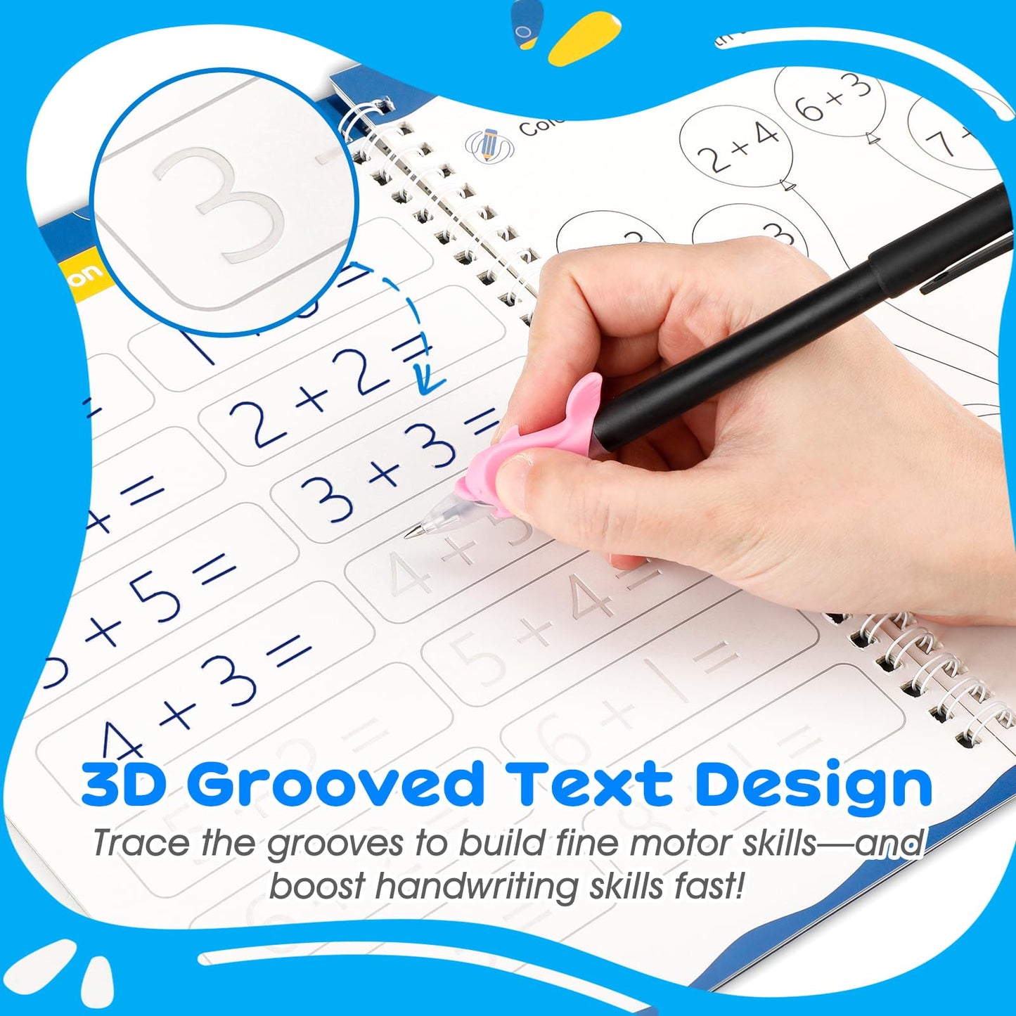 Magic Grooved Handwriting Practice Books for Kids Ages 3-8, Reusable Tracing Book, Preschool Learning Activity, Motor Skills Writing Workbook with Pencil Grips & Magic Ink Pens