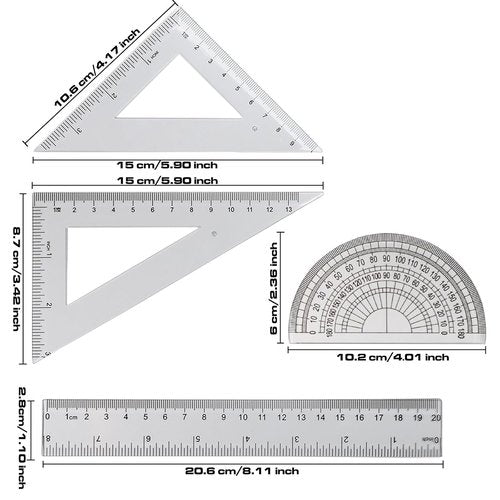 Math Geometry Set by [Brand Name] - 4 Pcs Transparent Plastic Kit with Protractor, Rulers & Triangle