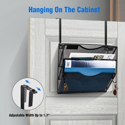 Wall File Organizer, 3 Tire Hanging File Folder Mail Organizer, Vertical Mesh Metal Door/Wall Mount Hanging File Holder, Paper Document Magazine Rack with Hooks for Home Office Black