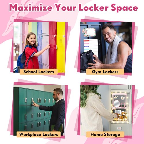 Suzile 16 Pcs Pink Locker Accessories Kit Included Locker Organizer Shelf, Magnetic Whiteboard, Course Schedule, Rug, Magnetic Mirror, Pen Holder, Pen, Planner, Photo Frame, Clips, Light String