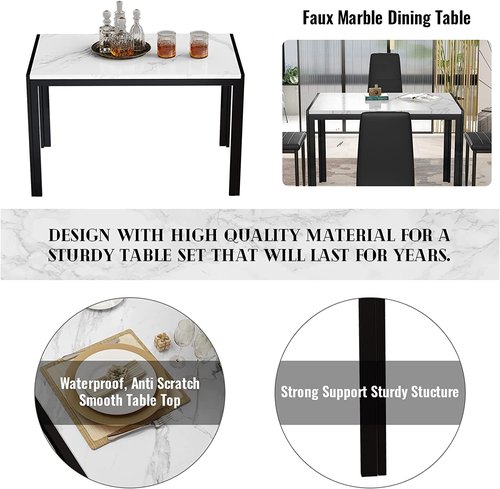 AWQM 5 Piece Dining Room Table and Chairs Set,Rectangular Table and 4 PU Leather Chairs,Faux Marble Dining Table Set for 4,Perfect for Kitchen,Living Room,Dining Room,White&Beige