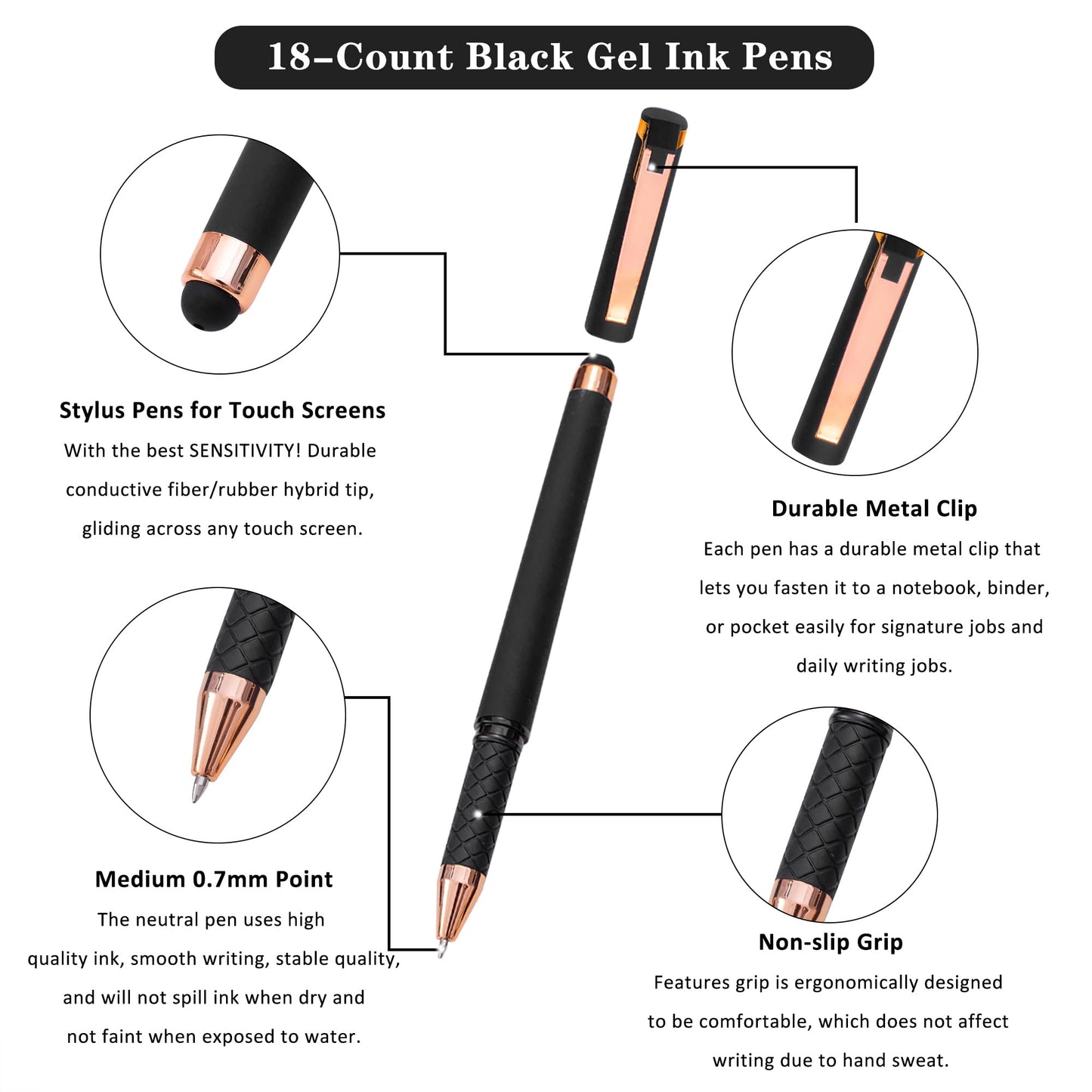 Linbsunne Black Gel Pens 0.7mm Medium Point Pen Office Pens 2-in-1 Stylus Pens for Touch Screens Gel Ink Rollerball Pens for Writing (18 Pack-black)