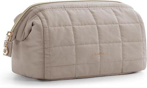 BAGSMART Makeup Bag - Puffy Padded Travel Toiletry Organizer for Women | Camel Color, Wide-Open Design