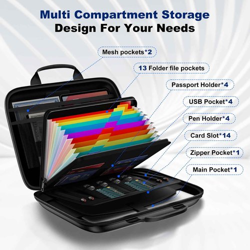 HIBWN Fireproof Document Box, Hard Case Fireproof File Organizer with Lock and 13 Pocket Accordion File Folder, Portable Safe Box for Home Office Travel to Storage Important Documents Laptop Black