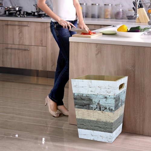 CMINAUS 2 Pack 1.5/2.5 Gallons Wood Trash Can Set Rustic Style Wastebasket with Handles Farmhouse Rectangular Garbage Can Waste Basket Small Trash Bin for Bedroom, Bathroom, Kitchen, Office