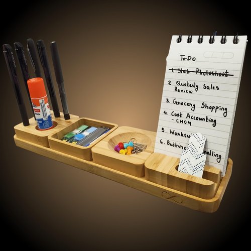 Desk Organizer - Slab. Modular Bamboo Organizer with Pen Holder, Phone Stand, Notes Tray and Clips Holder. Beautifully Designed for Home, School & Office (Wood)