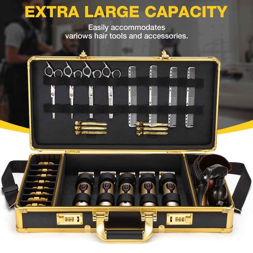 Noverlife Upgraded Large Barber Travel Briefcase, 22x11x5in Portable Barber Carrying Suitcase Salon Case with Code Lock, Gold Barbershop Travel Case Hairdresser Tool Storage Organizer Box for Clipper