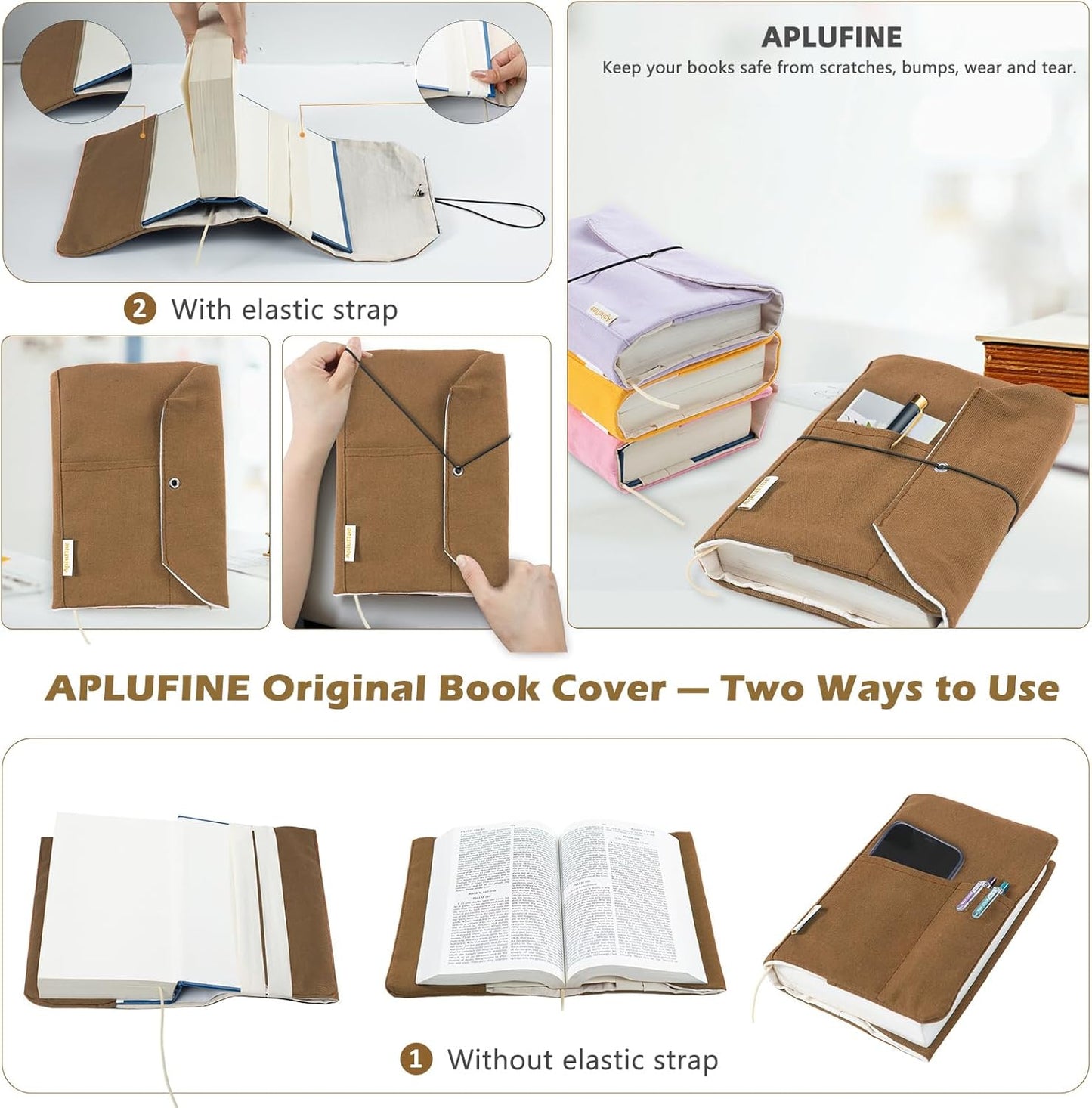 Skiennix Canvas Book Covers - Adjustable Pockets for Pens | Washable Protector for Paperback & Hardcover Novels