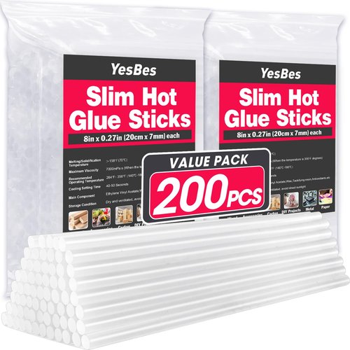 200 PCS Mini Hot Glue Sticks, 8" Long x 0.27" Diameter Glue Sticks for Glue Gun, Perfect Fit for Mini Glue Guns, Widely Used in Wood, Metal, Glass, Plastic, Floral, Fabric, and More