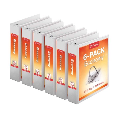 Tops Cardinal Economy 3-Ring Binders, 2", Slant-D Rings, Holds 540 Sheets, ClearVue Presentation View, Non-Stick, White, Carton of 6 (90761)