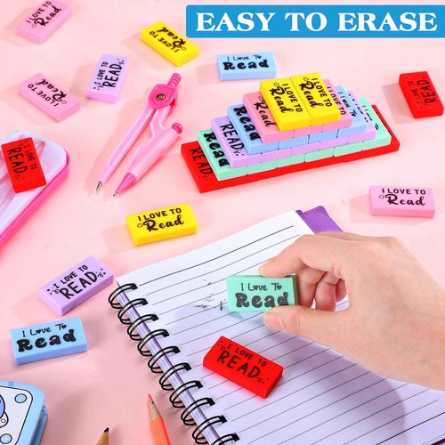 Dunzoom 300 Pcs Inspirational Erasers for Kids Back to School Gifts I Love to Read Small Colorful Pencil Erasers for Students Classroom Cute Motivational Gift for Drawing School Office Supplies