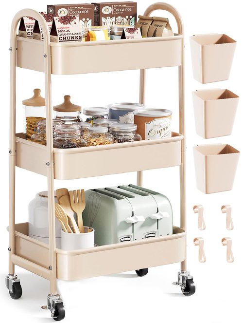 Khaki 3 Tier Rolling Cart Metal on Wheels, Three Tiered Storage Organizer Utility Trolley with Wheels for Art, Craft, Baby Diaper Caddy, Snack, Book, Nail, Lash, Cleaning Supplies, Kitchen, Bathroom
