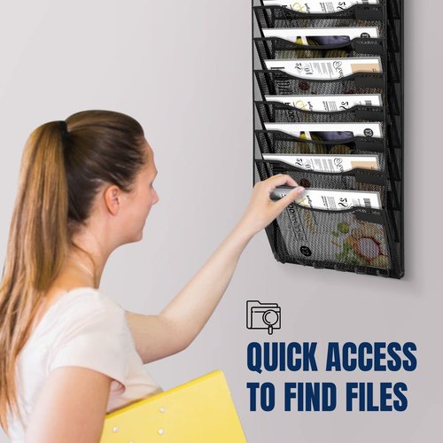 Flexzion Wall Hanging File Organizer Metal File Holder 10-Pocket Black Mesh Office Wall Organizer Magazine Rack Wall Mounted Hanging Paper Organizer with Key Hooks and Label Plates