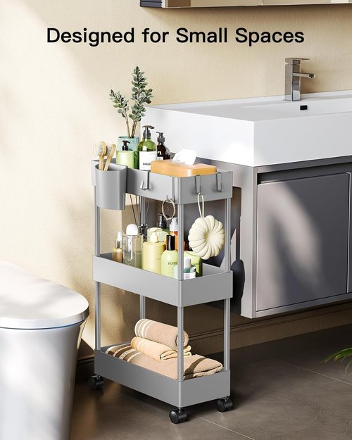 Pipishell Slim Storage Cart - 3-Tier Rolling Organizer for Bathroom, Kitchen, and Laundry Room - Gray