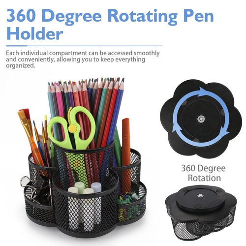 Jaugufiy 360 Rotatable Metal Mesh Desktop Pen Holder Pencil Holder Pencil Organizer Stationery Organizer Pen Pot Makeup Brush Organizer for Home School Office (Black)
