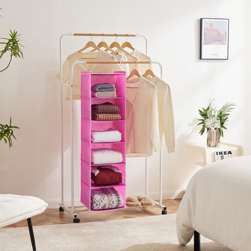 MAX Houser 6-Shelf Hanging Closet Organizer - Space-Saving Storage Solution with 2 Hooks | Foldable Pink Design