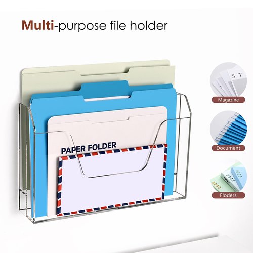 DINGHUO Wall Hanging File Organizer, Acrylic Mail Organizer wall mounted File Holder, Clear 2 Tier Folder Paper Document Magazine Rack for Desk Office School Home - 1 Pack