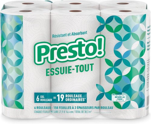 Presto! Ultra-Strong Premium Paper Towels - Flex-a-Size, 158 Sheets, 12 Huge Rolls (2 Packs of 6) | White
