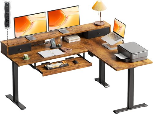 OffiGo L-Shaped Electric Standing Desk - Height Adjustable Corner Desk with Drawers & Monitor Stand | Rustic Brown, 59 Inch