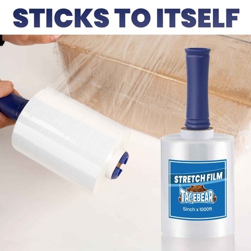 TAPEBEAR Mini Clear Stretch Wrap Film 80 Gauge 5" x 1000Ft, Shrink Wrap Roll with Handle, Durable Self-Adhering Clear Plastic Wrap Industrial Strength Pallet Shrink for Moving, Packing, 4-Pack