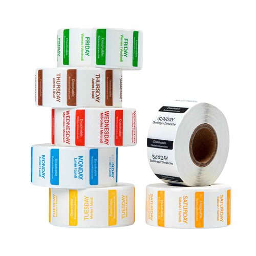 Restaurantware RW Smart 1 Inch x 1 Inch Food Rotation Labels 3500 Dissolvable Food Safety Labels - Premium Trilingual Paper Day Of The Week Labels For Food Storage Or Prep Weekly