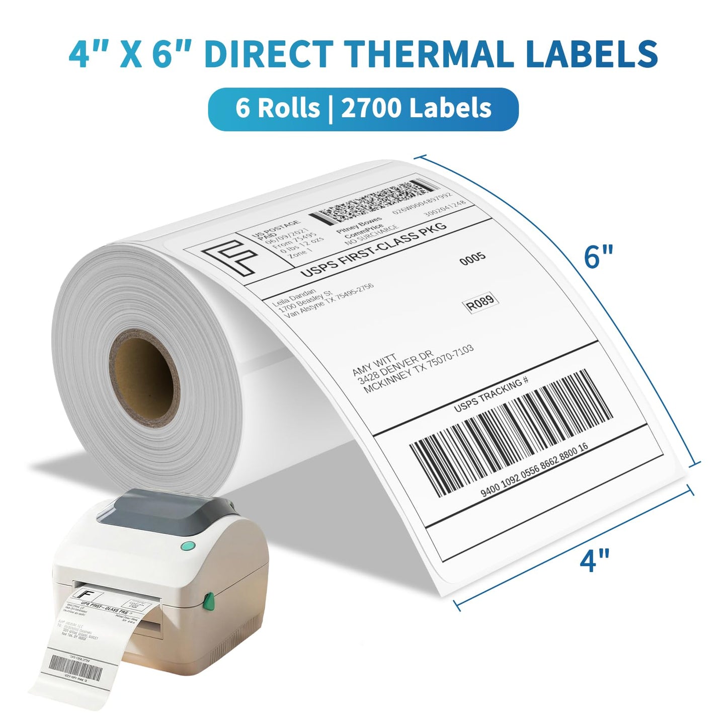 9527 Product 4x6 Direct Thermal Shipping Labels for Zebra 2844 ZP-450 ZP-500 ZP-505,Blank,450 Labels/Roll, 1" Core,Total 6 Rolls