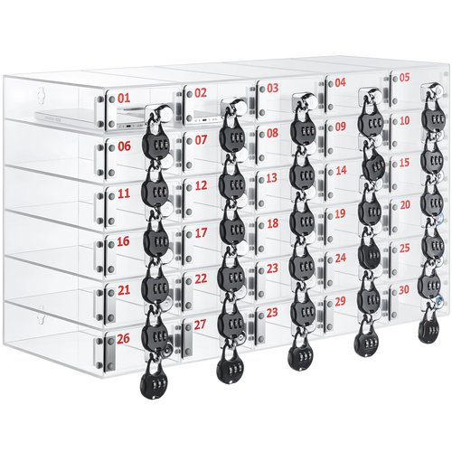 Colingmill 30 Slots Cell Phone Locker Box with Combination Lock, Clear Acrylic Phone Storage Cabinet for Back to School Classroom Students Employee Office Factory