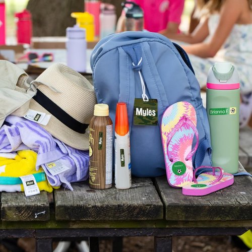 Mabel’s Labels Waterproof, Laundry-Safe Sleepaway Camp Label Pack – Laundry-Safe Kids' Name Labels That Peel and Stick to Clothing Care Tags – 112 lables and 2 Bag Tags - Crumple Tie Dye