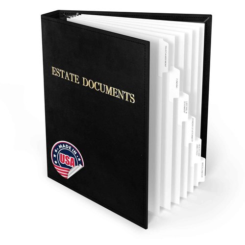 Estate Planning Binder DX Pre-Labeled Tabs, 1.5-Inch Angle D Ring, Faux Leather, Sheet Protectors– Organizing Wills, Trusts, Powers of Attorney & Final Wishes (Gold on Black - Deluxe) + Linen Folder