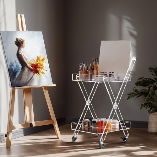 2-Tier Acrylic Rolling Cart Mobile Bar Cart & Snack Rack for Kitchen, Bathroom & Office - Versatile Utility Cart with Wheels for Storage & Organization