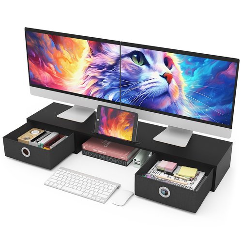 WESTREE Dual Monitor Stand Riser with Two Drawers, Extra Large Storage Monitor Stand for 2 Monitors, Desktop Oraganizer Stand for Computer,Laptop,Screen,Printer,TV
