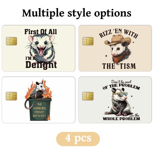 Funny Credit Card Skin Cover - 4 Pcs Fun Possum Opossum Debit Card Stickers Set, First of All I'm A Delight Personalized Debit Cards Skin Decal DIY Transportation Decorations