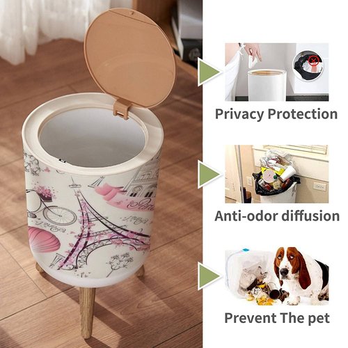 LGCZNWDFHTZ Small Trash Can with Lid for Bathroom Kitchen Office Diaper Paris Symbols Seamless Romantic Travel Paris Bedroom Garbage Trash Bin Dog Proof Waste Basket Cute Decorative, 8.66x14.3inch