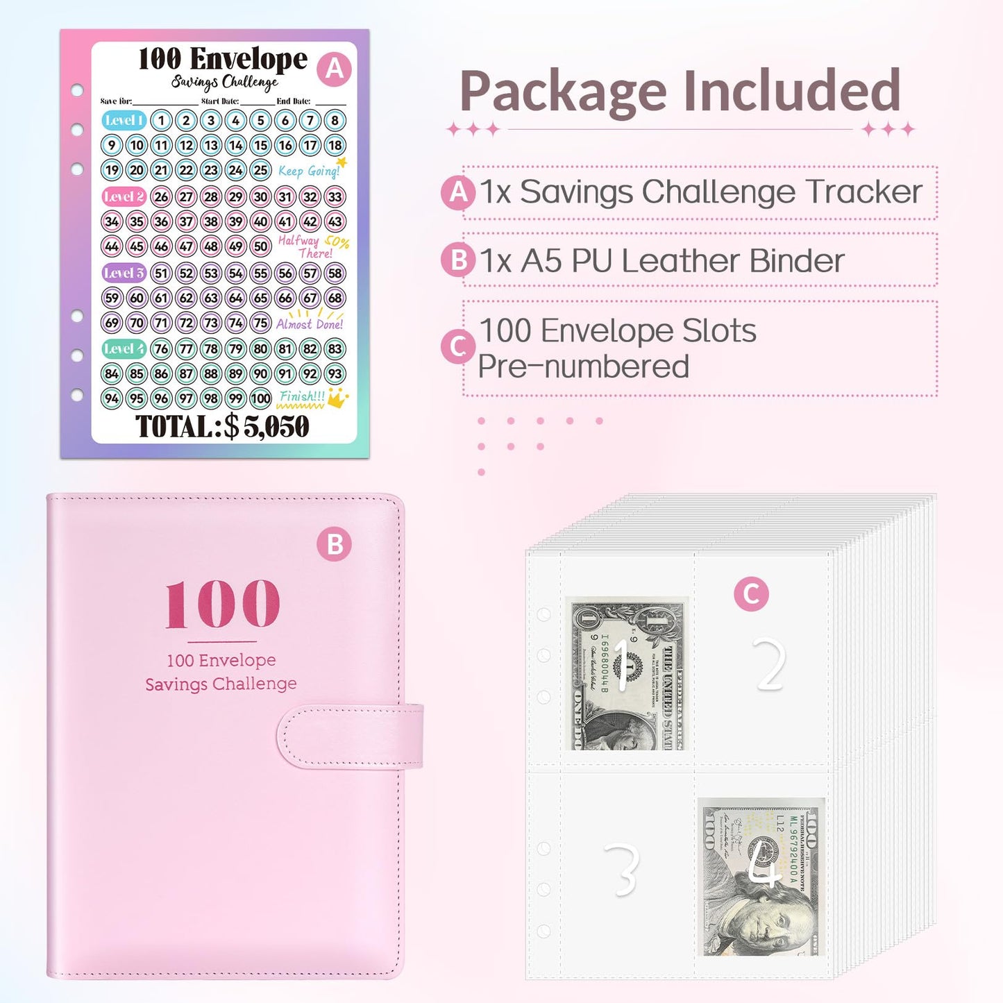 Sooez 100 Envelopes Challenge Binder, Money Saving Challenge Budget Binder with Cash Envelopes, Savings Challenge Book - Easy & Fun Way to Save $5,050, Money Saving Binder for Budgeting & Saving