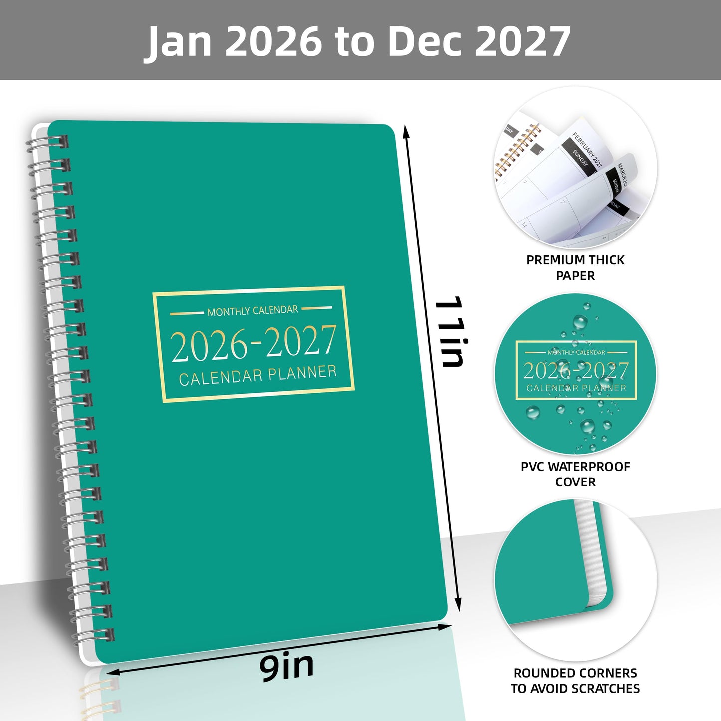 Monthly Planner Jan 2026 - Dec 2027, Monthly Planner for 24 Monthes, 9×11 Inch, Teacher Monthlys, Hard PVC Cover, Spiral Bound, Time Management Calendar, Perfect for School & Office (Blue)