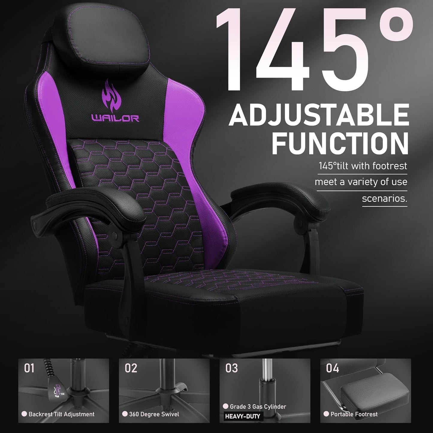 WAILOR Gaming Chair - High Back Leather Chair with Pocket Spring Cushion & Footrest | Supports 300LBS