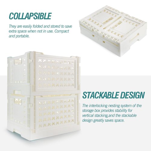 HOYA PONYOO 2-Pack Pastel Plastic Storage Crates, Foldable & Stackable Crates for Home, Office, Bathroom, 12 x 8.7 x 7 Inch Collapsible Organizers, White, Middle