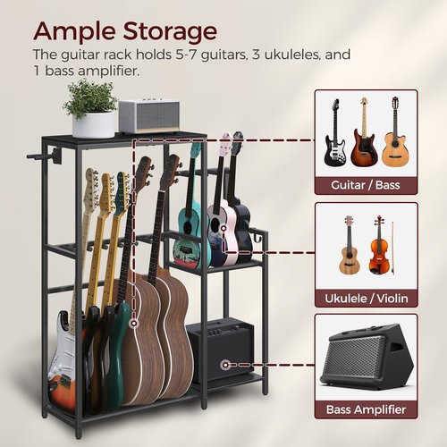 MAHANCRIS Guitar Stand, Multi-Guitar Rack, for Acoustic, Electric Guitar, Bass, Ukulele, Banjo, for 7 Guitars, Guitar AMP Stand, Record Rack, with Guitar Accessory Holder, EVA Cover, for Home Studio, Black GSHB8701