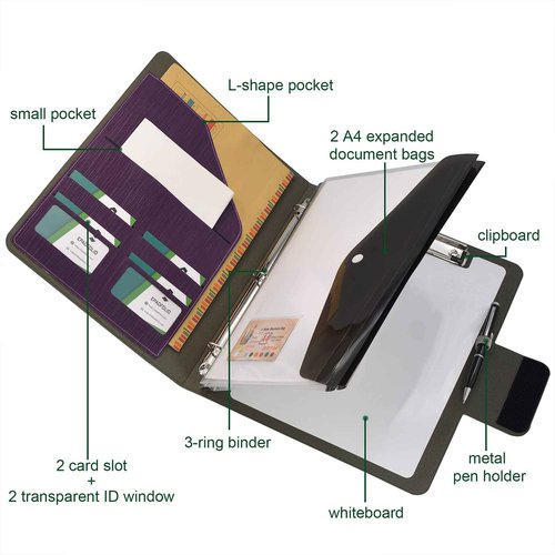 3-Ring Binder Padfolio with Whiteboard Clipboard and Expanded Document Bag, Padfolio Ring Binder Business Organizer Portfolio Case (Purple)