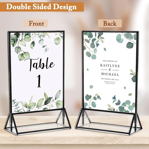 Floroom 6 Pack Clear Acrylic Sign Holders - Double-Sided Black Display Stands for Menus & Table Numbers