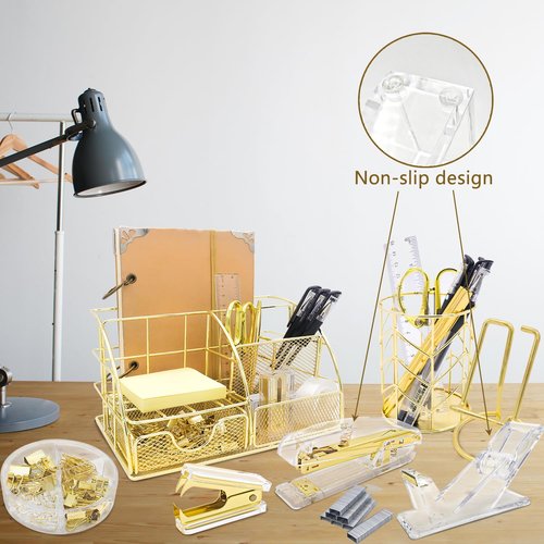FERXIDI Gold Desk Organizers and Accessories,Office Supplies for Desk,13PS Set with Acrylic Stapler,Tape Dispenser,Staple Remover,Pen Holder,Clips,Scissor, Phone Holder,Pen