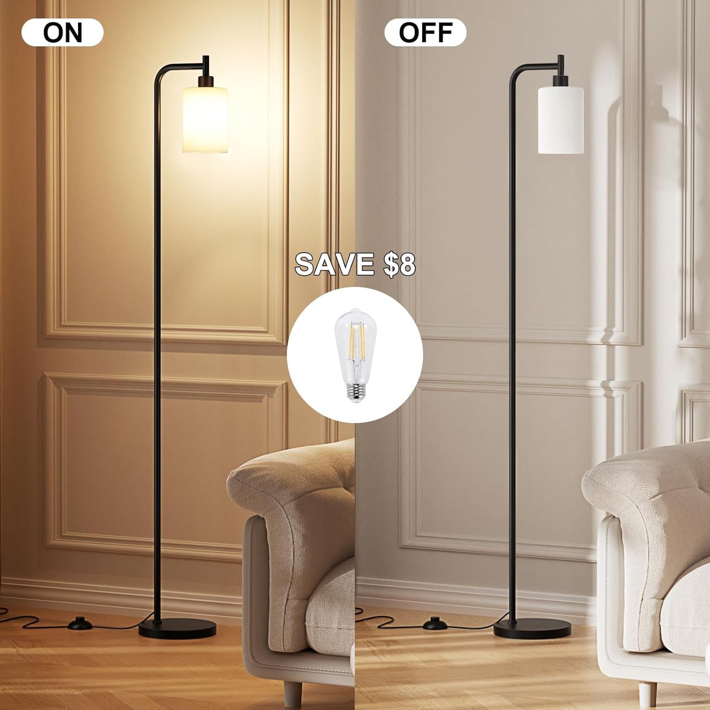 Ziisee Floor Lamp - Modern Industrial Standing Lamp with Frosted White Glass Shade | Black Tall Design for Living Room & Office (LED Bulb Included)