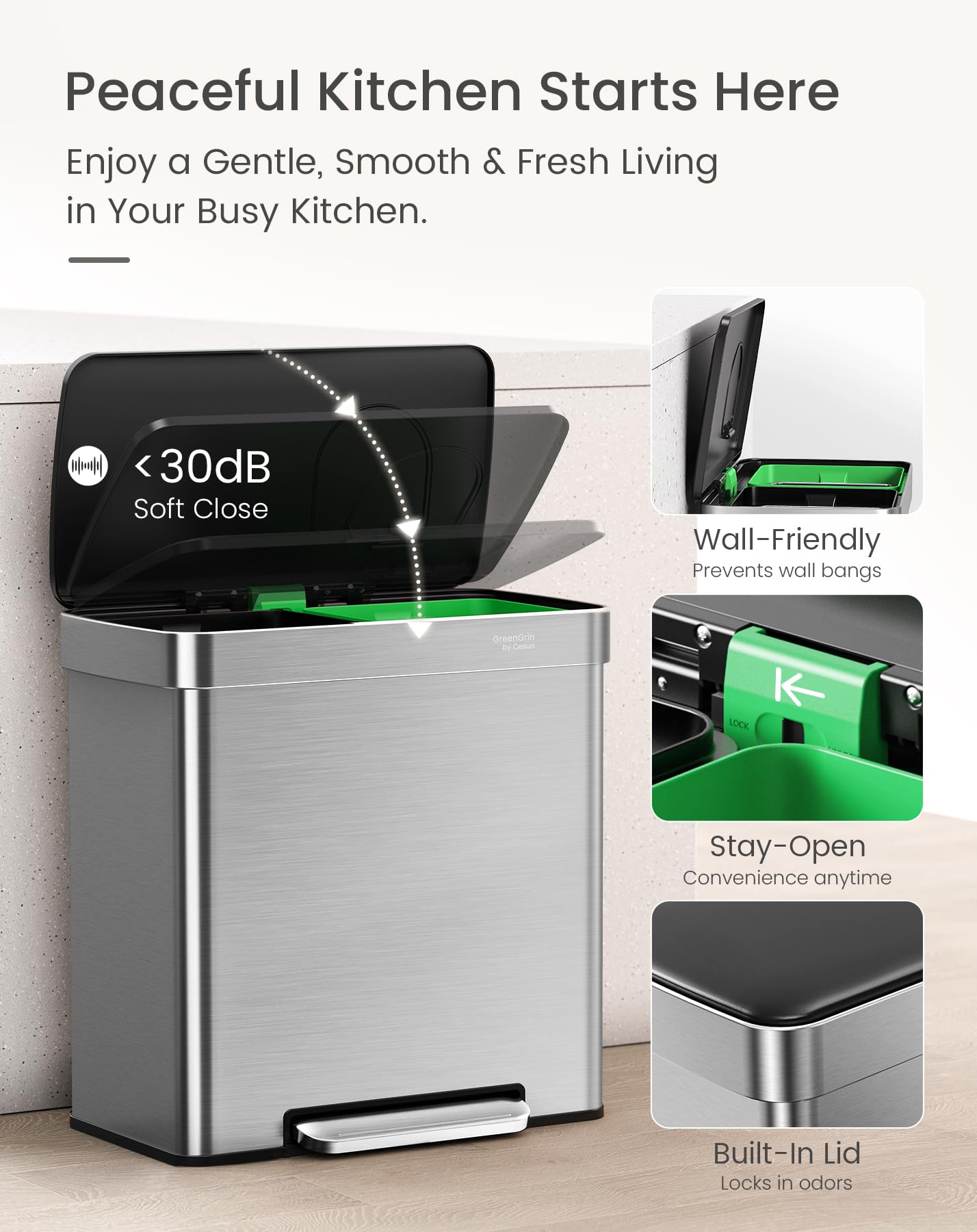 Cesun GreenGrin Kitchen Trash Can, 2x8 Gallon Dual Compartment Trash and Recycle Bin Combo, Double Stainless Steel Step Garbage Can with Lid,Recycling Push Flap,Removable Inner Buckets,30L+30L(Sliver)