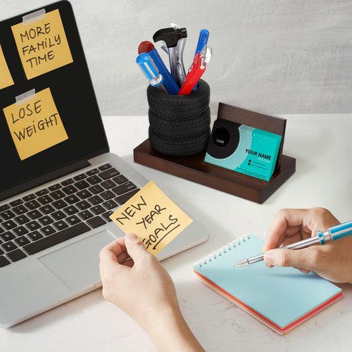 Feifeiya 7 Pcs Tire Shape Stationery Set Wooden Tire Pen Holder Business Card Holder Desktop Novelty Desk Organizer Tool Funny Automotive Desk Accessories for Men Gifts Mechanic Car Lovers(Brown)