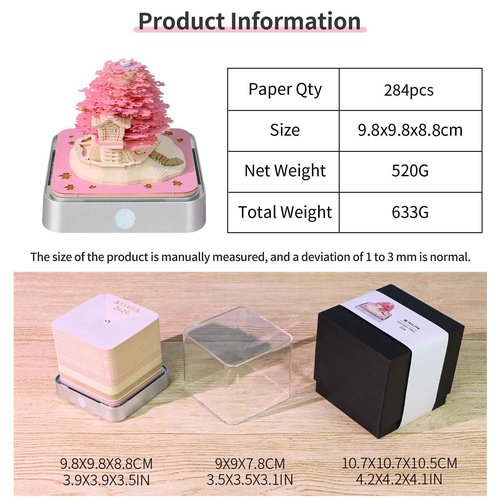 RSLIPIN 3D Memo Pad Time Piece Calendar 2026,3D Calendar Memo Pad DIY Notes Notepad Paper Craft Art Romantic Tree House,2026 3D Desk Calendar With LED Lights,Pink
