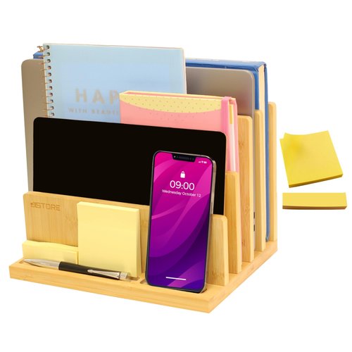 JLSTORE Bamboo File Organizer for Desk - Wood Desktop Organizer with 4 Slots & Tray for Filing Letters, Office Accessories, Pen/Tablet/Sticky Notes.