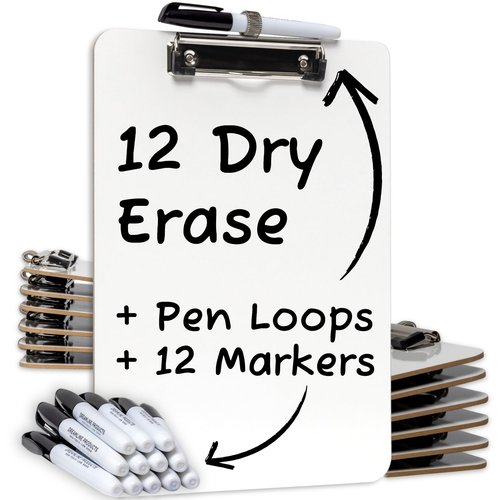 Dry Erase Clipboard (12pc Set) with White Board Markers | Small White Board Dry Erase Clipboards for Classroom, to Do List White Board Small Clip Boards - Class Pack, 12 Dry Erase Markers Included!