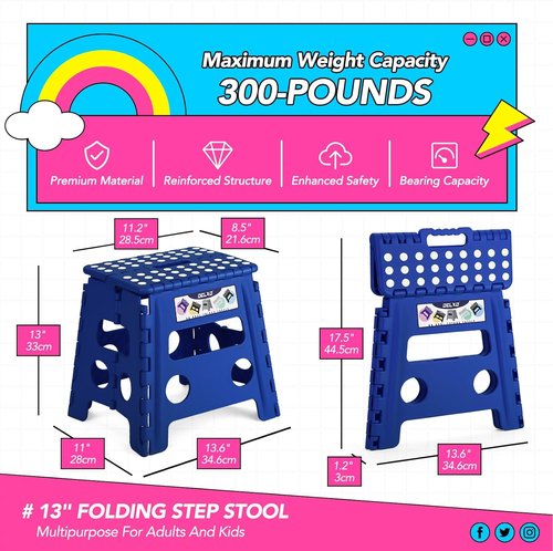 Delxo Folding Step Stool - 13-Inch Non-Slip Design for Kids & Adults | Lightweight & Portable, Blue